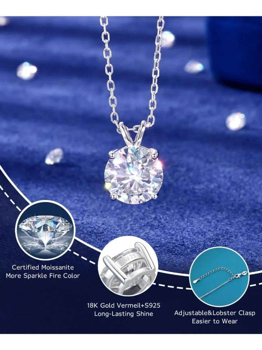 Dainty Moissanite Pendant Necklace 18K Gold Vermeil & Sterling Silver, 0.1-12